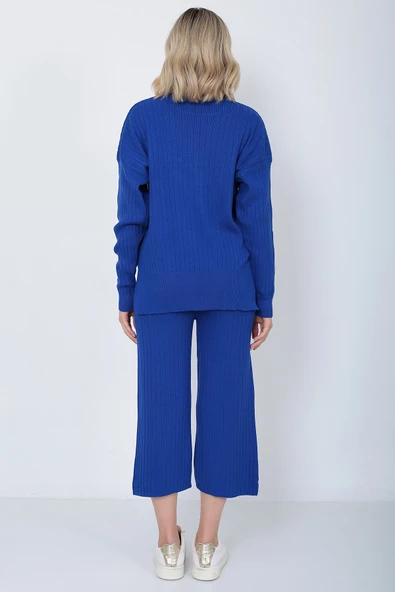 Kadın Triko Zincirli Cepli Kazak Pantolon Takım Oversize Mavi - 5