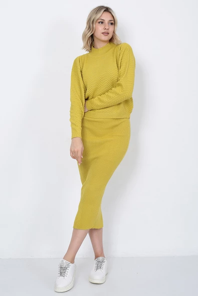 Kadın Triko Zikzak Çizgili Kazak ve Etek Takım Oversize Hardal - 8