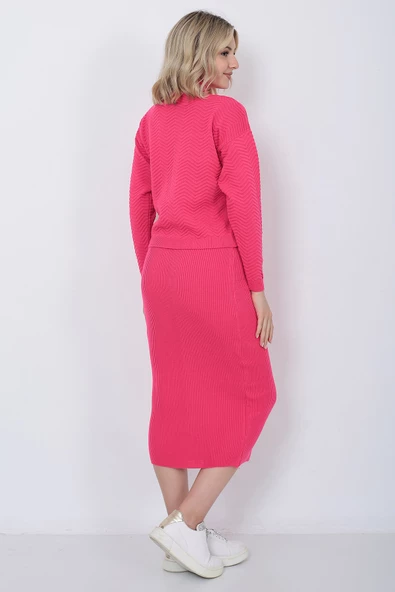 Kadın Triko Zikzak Çizgili Kazak ve Etek Takım Oversize Fujya - 8