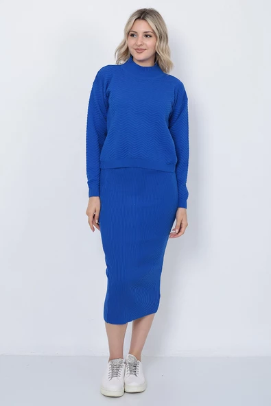 Kadın Triko Zikzak Çizgili Kazak ve Etek Takım Oversize Mavi - 5