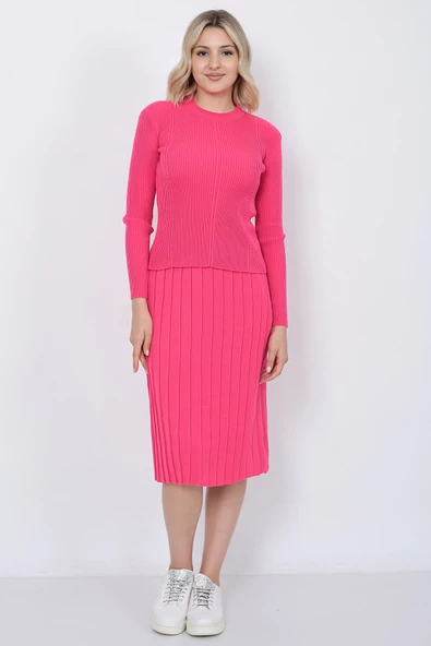 Kadın Triko Pilise Etekli Saç Örğülü Kazak Takım Oversize Fujya - 7