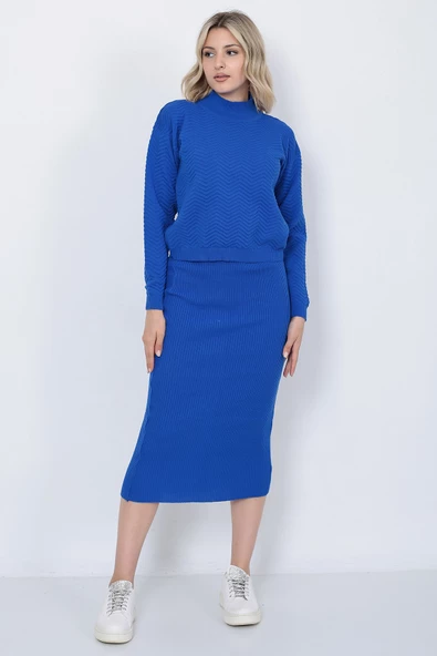 Kadın Triko Zikzak Çizgili Kazak ve Etek Takım Oversize Mavi - 8