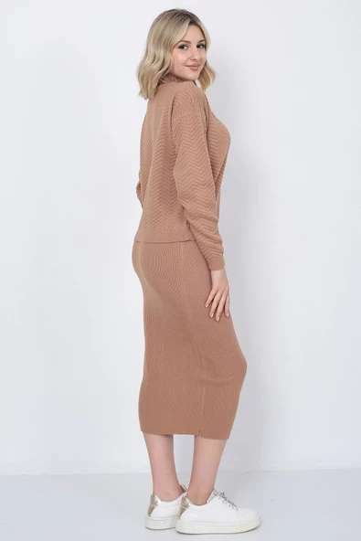 Kadın Triko Zikzak Çizgili Kazak ve Etek Takım Oversize Vizon - 3