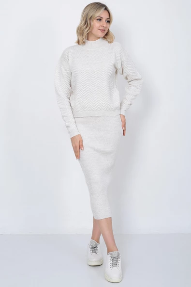 Kadın Triko Zikzak Çizgili Kazak ve Etek Takım Oversize Taş - 6