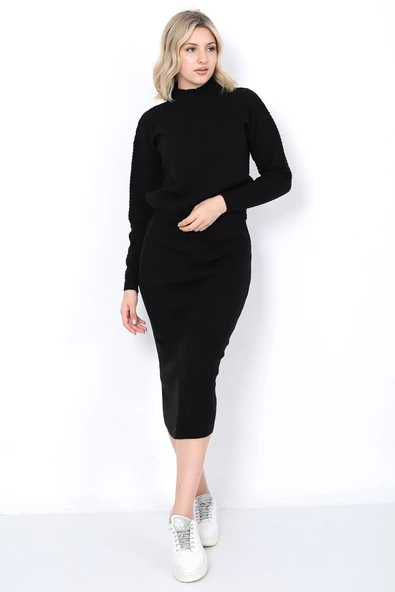 Kadın Triko Zikzak Çizgili Kazak ve Etek Takım Oversize Siyah - 3