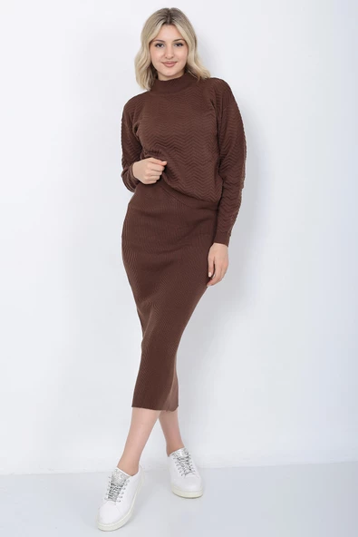 Kadın Triko Zikzak Çizgili Kazak ve Etek Takım Oversize Kahverengi - 8