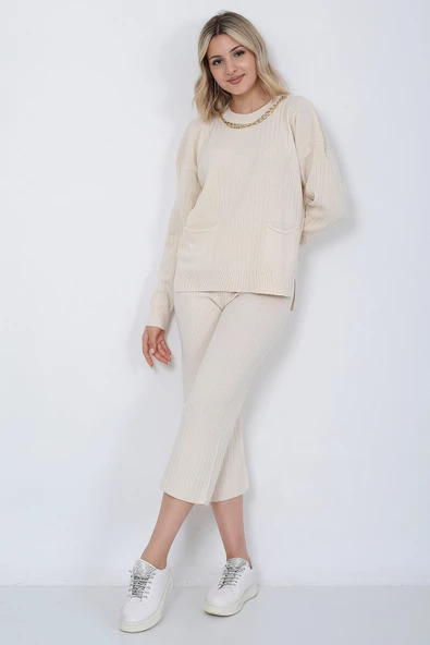 Kadın Triko Zincirli Cepli Kazak Pantolon Takım Oversize Taş - 8