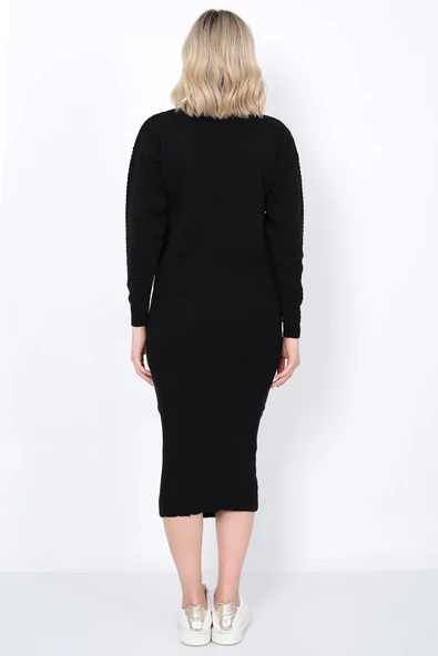Kadın Triko Zikzak Çizgili Kazak ve Etek Takım Oversize Siyah - 10