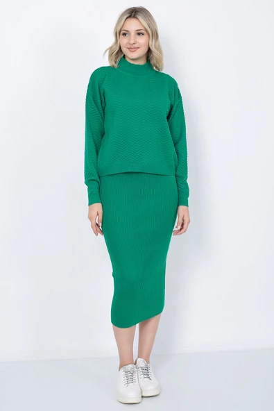 Kadın Triko Zikzak Çizgili Kazak ve Etek Takım Oversize Yeşil - 4