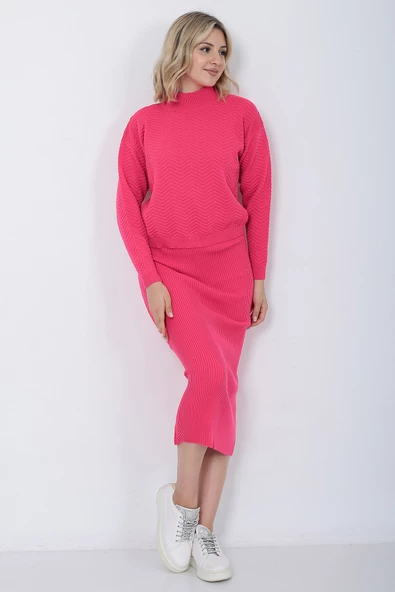 Kadın Triko Zikzak Çizgili Kazak ve Etek Takım Oversize Fujya - 11