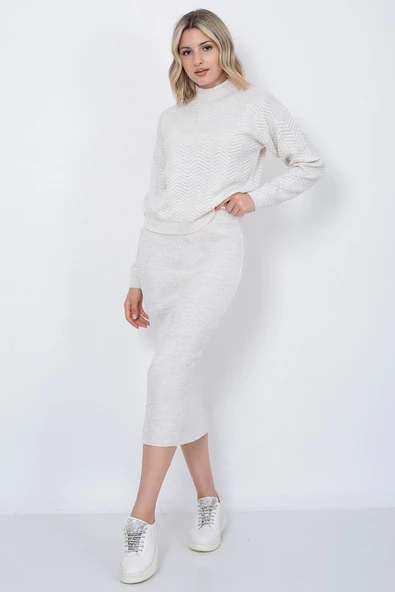 Kadın Triko Zikzak Çizgili Kazak ve Etek Takım Oversize Taş - 8