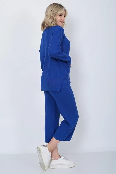 Kadın Triko Zincirli Cepli Kazak Pantolon Takım Oversize Mavi - 7