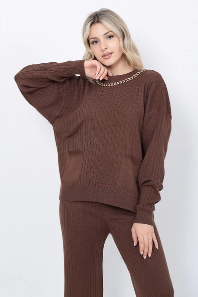 Kadın Triko Zincirli Cepli Kazak Pantolon Takım Oversize Kahverengi - 8