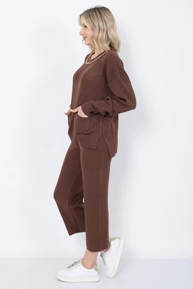 Kadın Triko Zincirli Cepli Kazak Pantolon Takım Oversize Kahverengi - 6