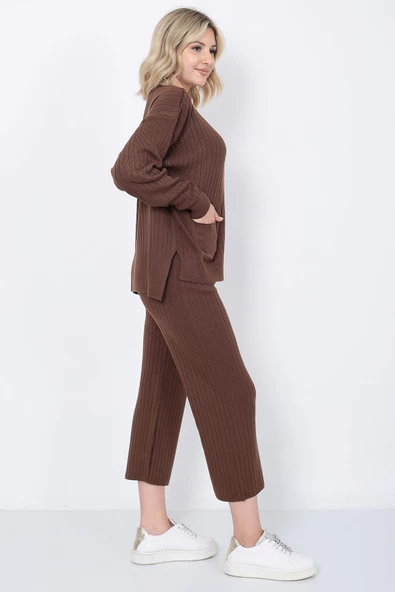 Kadın Triko Zincirli Cepli Kazak Pantolon Takım Oversize Kahverengi - 3