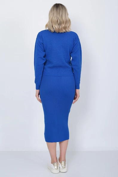 Kadın Triko Zikzak Çizgili Kazak ve Etek Takım Oversize Mavi - 11