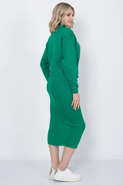 Kadın Triko Zikzak Çizgili Kazak ve Etek Takım Oversize Yeşil - 5