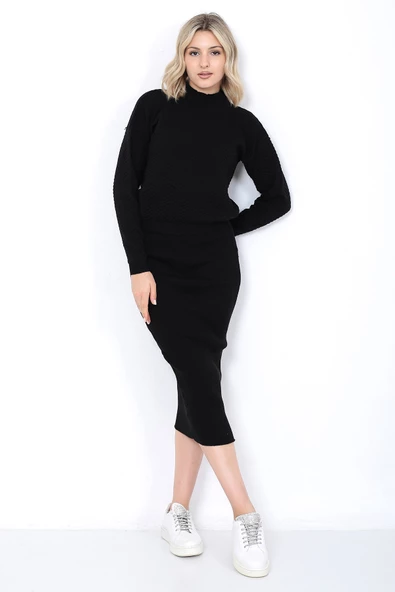 Kadın Triko Zikzak Çizgili Kazak ve Etek Takım Oversize Siyah - 8