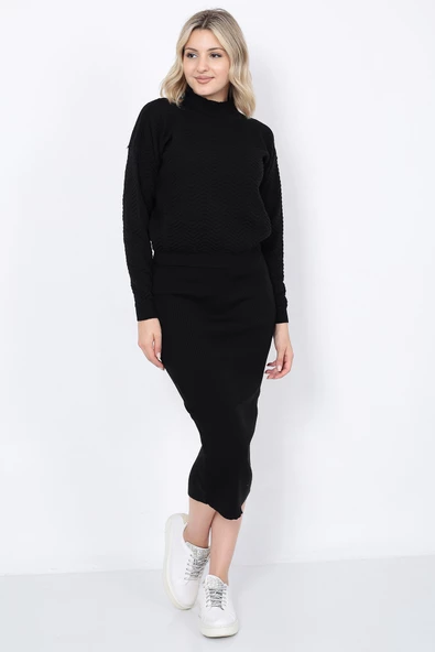 Kadın Triko Zikzak Çizgili Kazak ve Etek Takım Oversize Siyah - 6