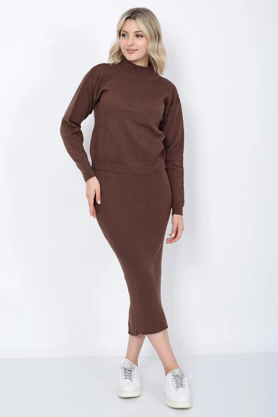 Kadın Triko Zikzak Çizgili Kazak ve Etek Takım Oversize Kahverengi - 2