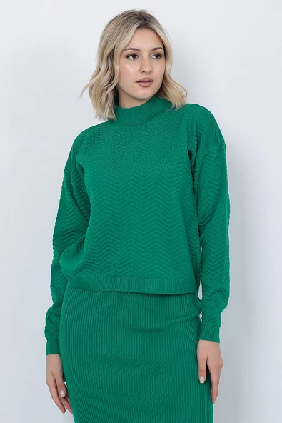 Kadın Triko Zikzak Çizgili Kazak ve Etek Takım Oversize Yeşil - 3