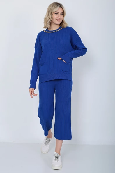 Kadın Triko Zincirli Cepli Kazak Pantolon Takım Oversize Mavi - 6