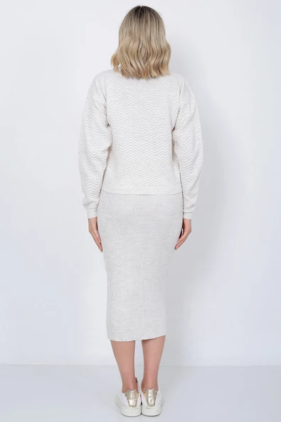 Kadın Triko Zikzak Çizgili Kazak ve Etek Takım Oversize Taş - 9