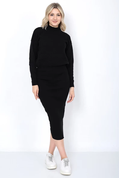 Kadın Triko Zikzak Çizgili Kazak ve Etek Takım Oversize Siyah - 4