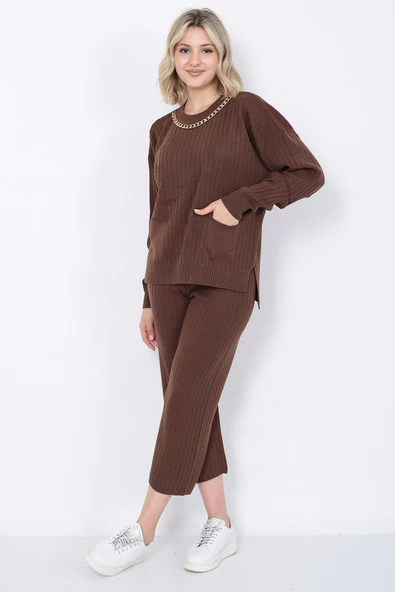 Kadın Triko Zincirli Cepli Kazak Pantolon Takım Oversize Kahverengi - 5