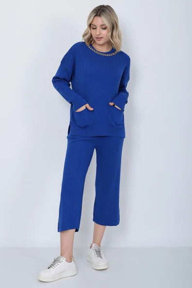 Kadın Triko Zincirli Cepli Kazak Pantolon Takım Oversize Mavi - 3