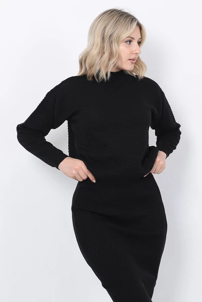 Kadın Triko Zikzak Çizgili Kazak ve Etek Takım Oversize Siyah - 2