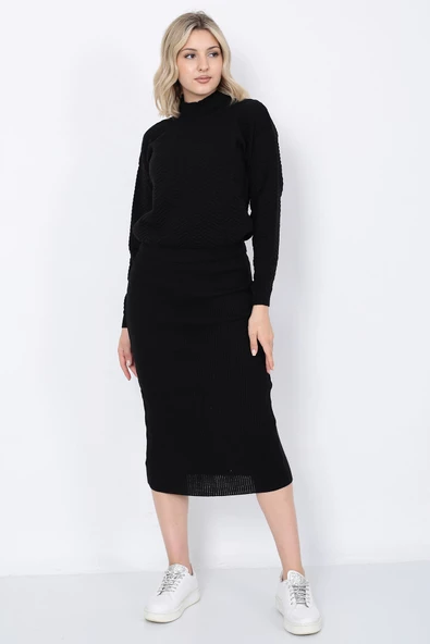Kadın Triko Zikzak Çizgili Kazak ve Etek Takım Oversize Siyah - 9