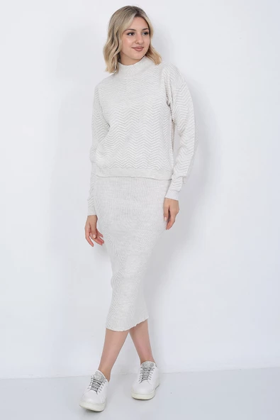 Kadın Triko Zikzak Çizgili Kazak ve Etek Takım Oversize Taş - 5