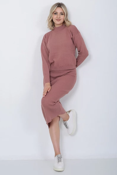 Kadın Triko Zikzak Çizgili Kazak ve Etek Takım Oversize Gül Kurusu - 6