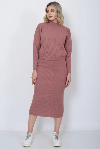 Kadın Triko Zikzak Çizgili Kazak ve Etek Takım Oversize Gül Kurusu - 4