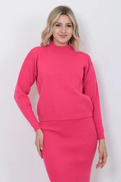 Kadın Triko Zikzak Çizgili Kazak ve Etek Takım Oversize Fujya - 2