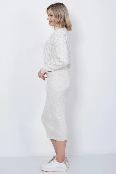 Kadın Triko Zikzak Çizgili Kazak ve Etek Takım Oversize Taş - 3