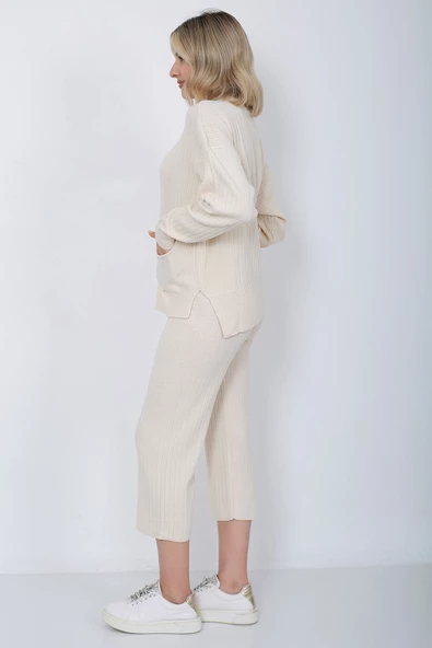 Kadın Triko Zincirli Cepli Kazak Pantolon Takım Oversize Taş - 10