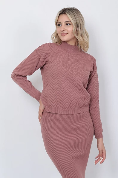 Kadın Triko Zikzak Çizgili Kazak ve Etek Takım Oversize Gül Kurusu - 8