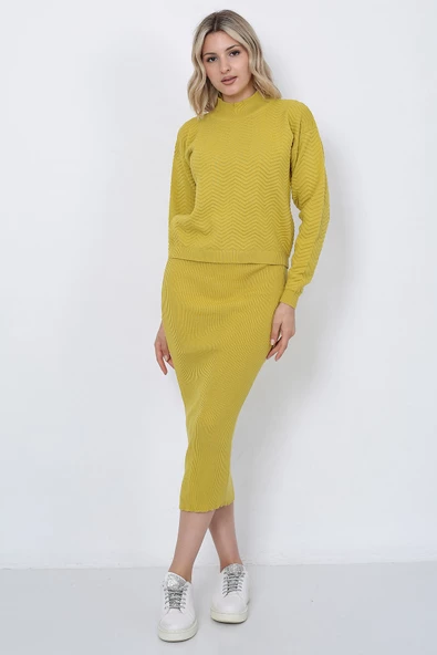 Kadın Triko Zikzak Çizgili Kazak ve Etek Takım Oversize Hardal - 7