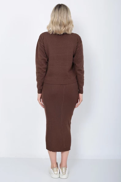 Kadın Triko Zikzak Çizgili Kazak ve Etek Takım Oversize Kahverengi - 9