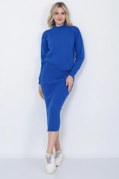 Kadın Triko Zikzak Çizgili Kazak ve Etek Takım Oversize Mavi - 3