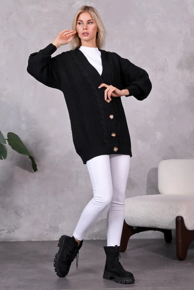 Lugmo Kadın Triko Hırka Akrilik iplik 80 cm Saç Örgülü Siyah - 9