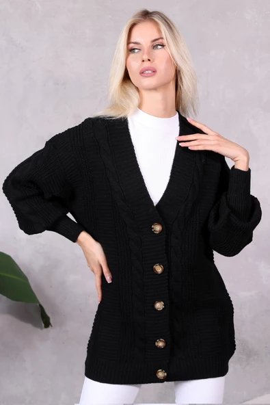 Lugmo Kadın Triko Hırka Akrilik iplik 80 cm Saç Örgülü Siyah - 5