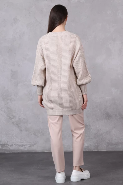 Lugmo Kadın Triko Hırka Akrilik iplik 80 cm Saç Örgülü Taş Renk - 6