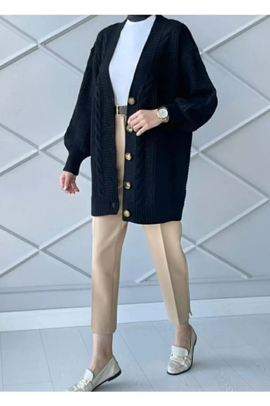 Lugmo Kadın Triko Hırka Akrilik iplik 80 cm Saç Örgülü Siyah - Resim 2