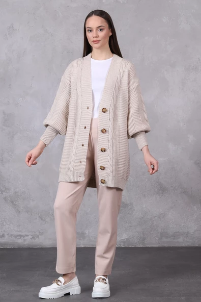 Lugmo Kadın Triko Hırka Akrilik iplik 80 cm Saç Örgülü Taş Renk - 7