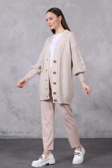 Lugmo Kadın Triko Hırka Akrilik iplik 80 cm Saç Örgülü Taş Renk - 8