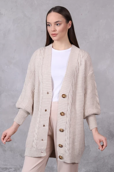 Lugmo Kadın Triko Hırka Akrilik iplik 80 cm Saç Örgülü Taş Renk - 2