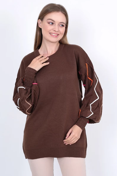 Kadın Triko Kazak Kolu Çizgili Kahverengi - Resim 2